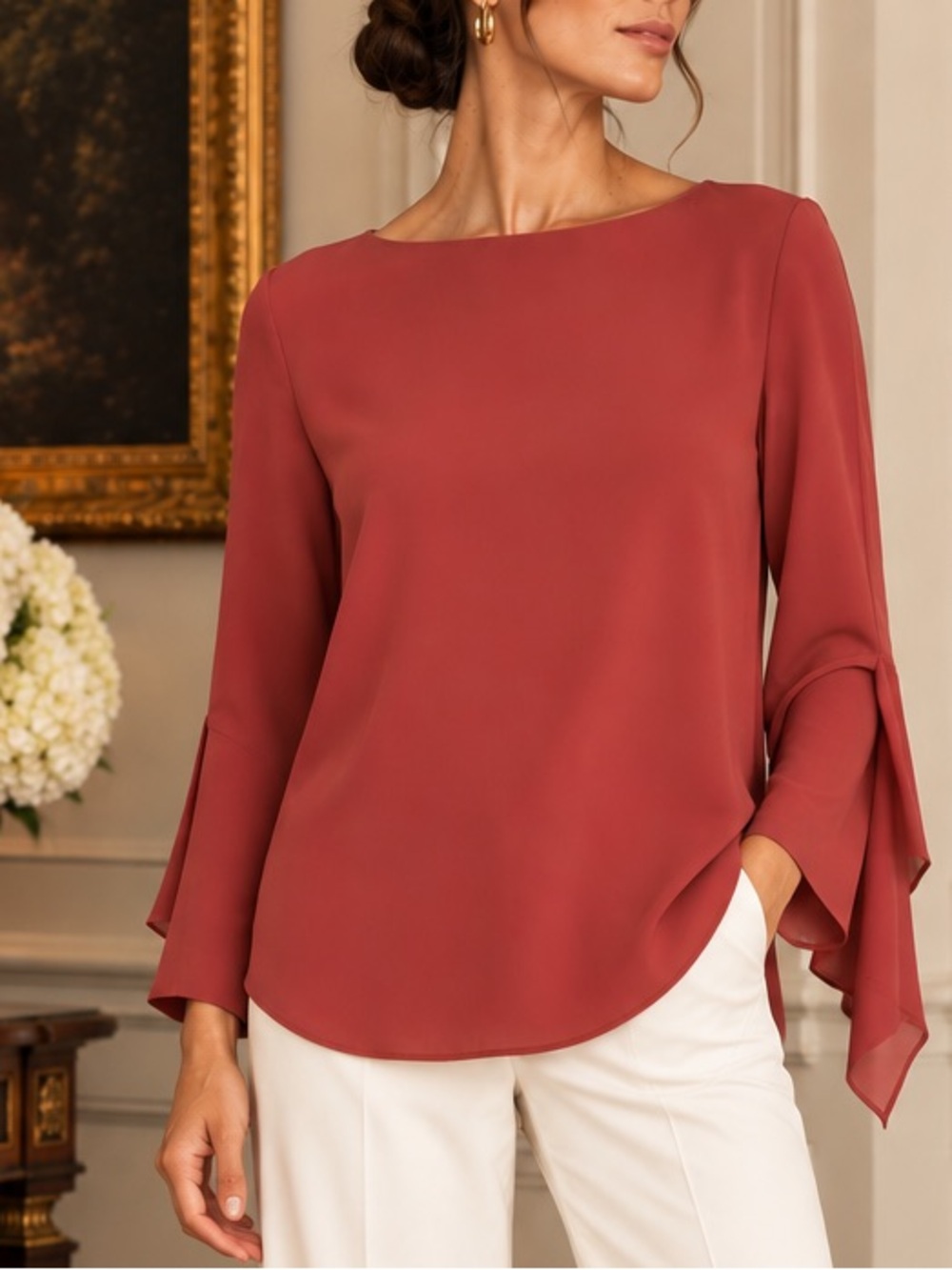 Lafayette 100% Silk Blouse Coral Rose $598 Bateau Draped Long Sleeve Large